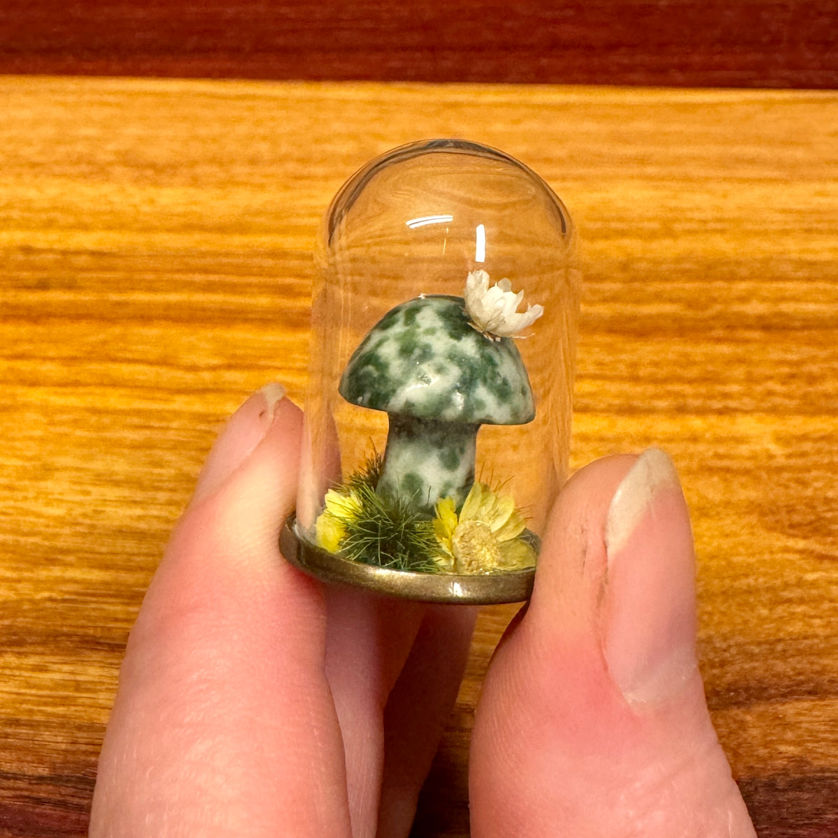 Tiny Glass Dome - Stone Mushroom with flowers