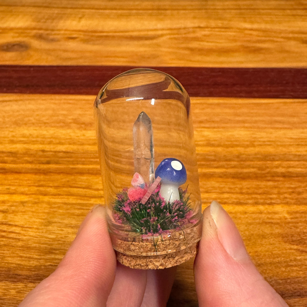 Little Glass Dome - Crystal and Mushroom on cork