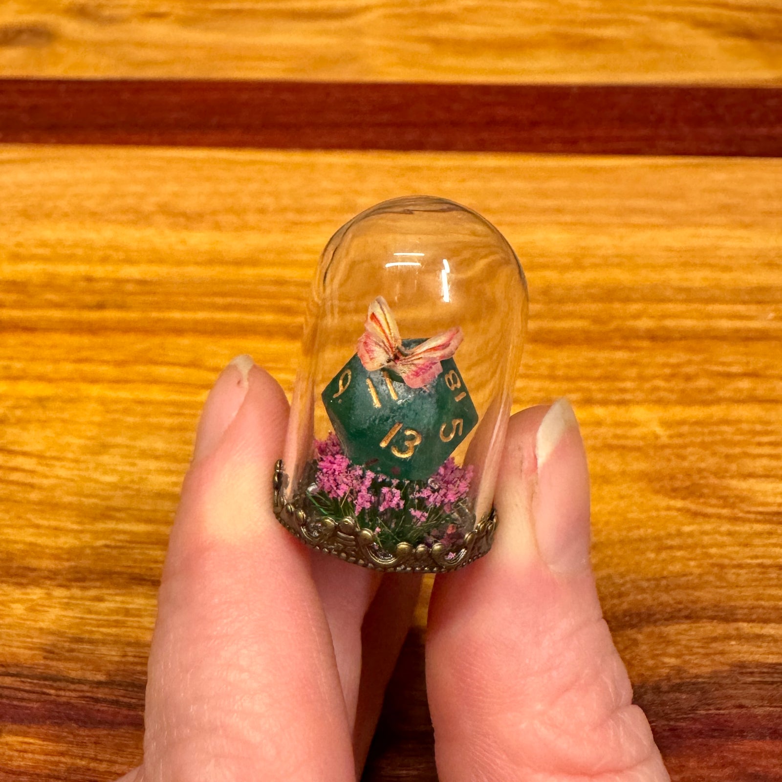 Tiny Glass Dome - Mini D20 with butterfly